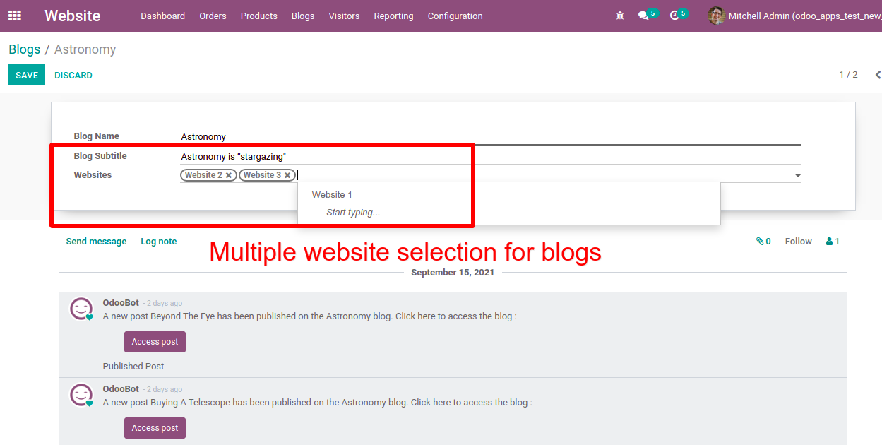 Multi website selection for blog