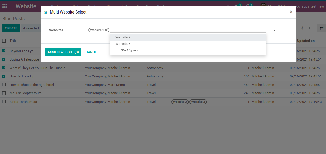 Multi website selection for blog