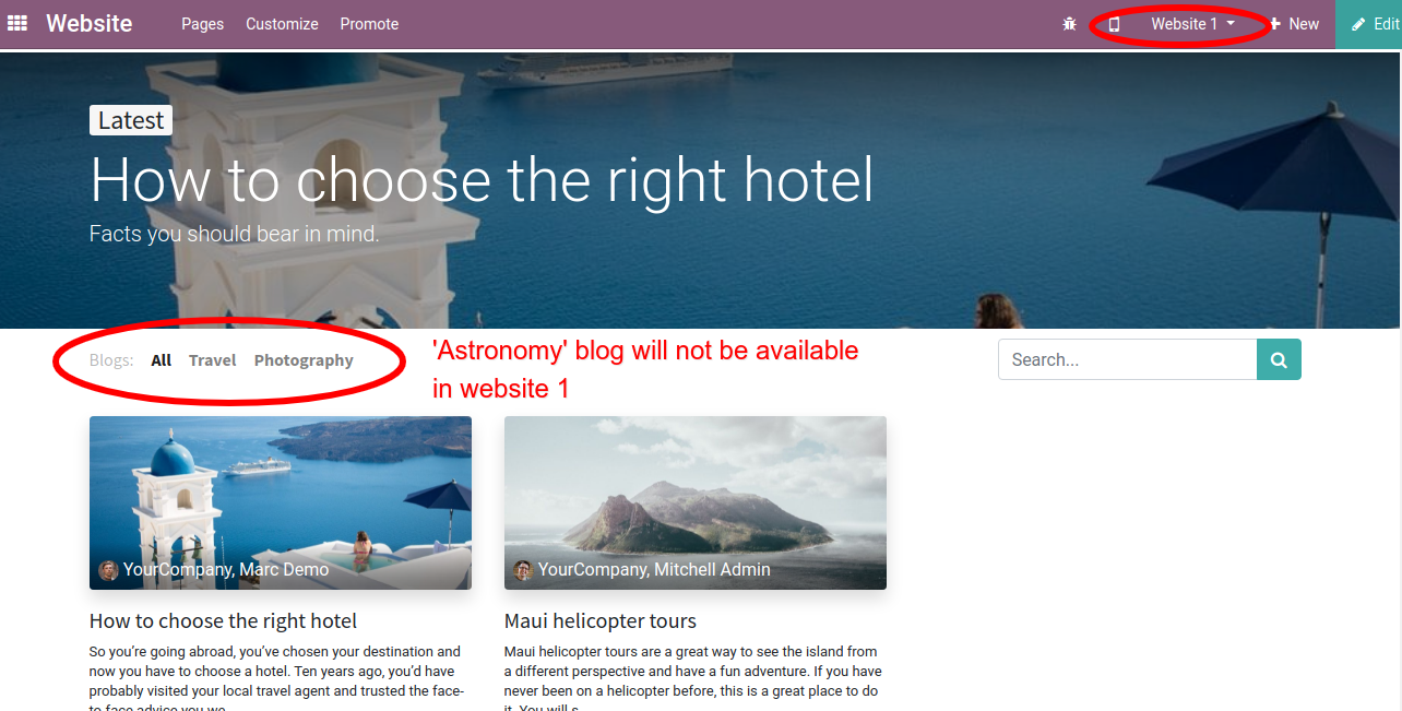 Multi website selection for blog