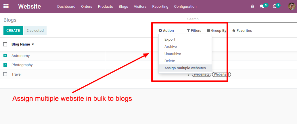 Multi website selection for product