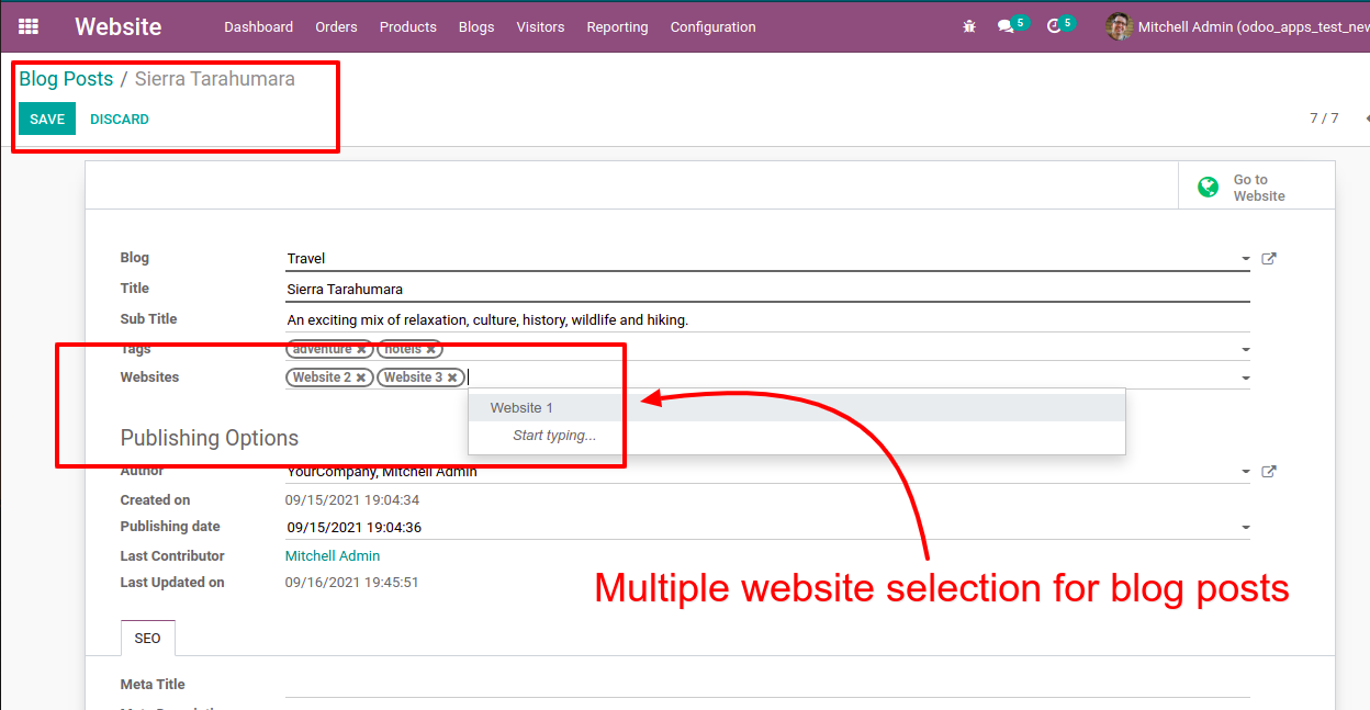 Multi website selection for blog