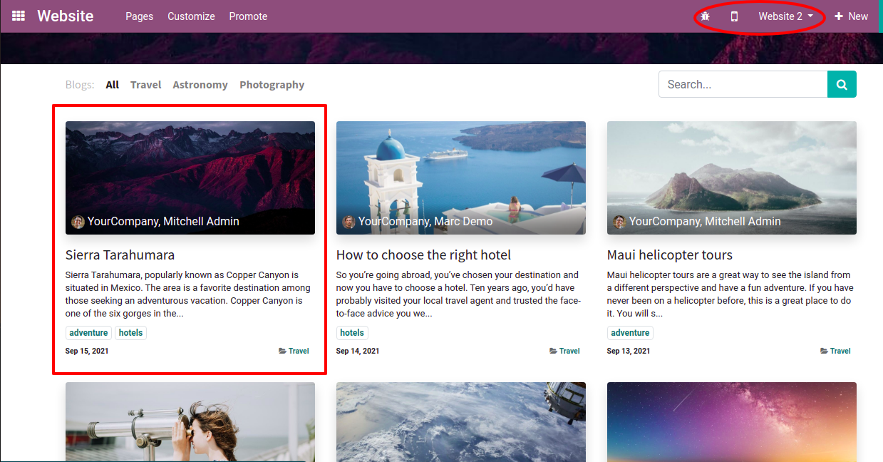 Multi website selection for blog