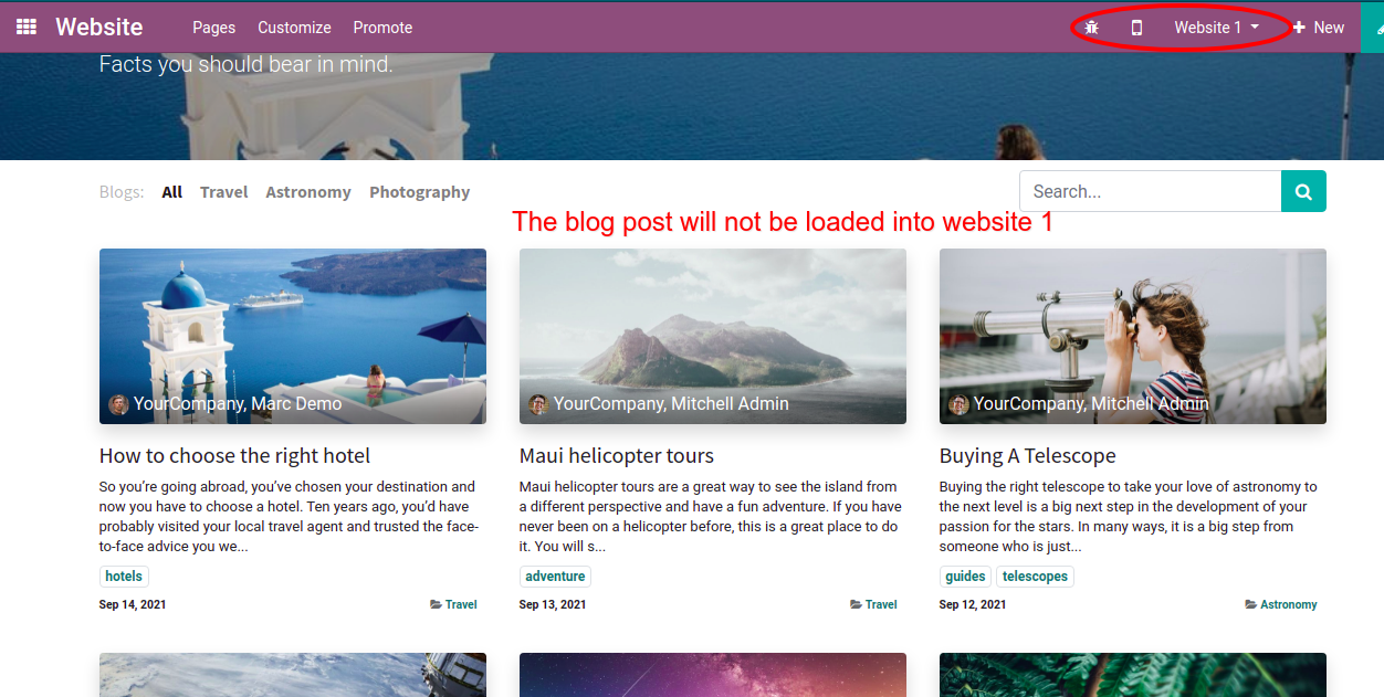 Multi website selection for blog